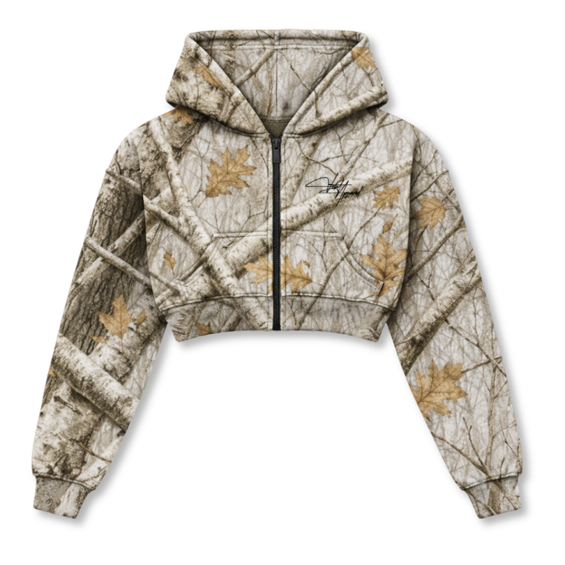 Camouflage hoodie with a brand logo on a white background