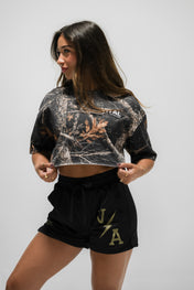 Oversized Crop T-Shirt - Black Woodland Camo