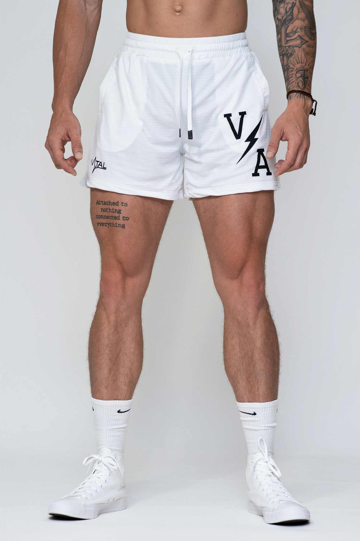 Combat Mesh Shorts 5" - White/Black Bolt Unisex - VITAL APPAREL