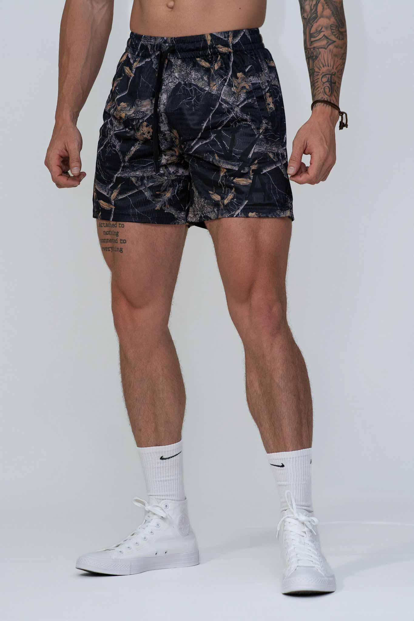 Combat Mesh Shorts 5.5" - Black Woodland Camo Unisex - VITAL APPAREL