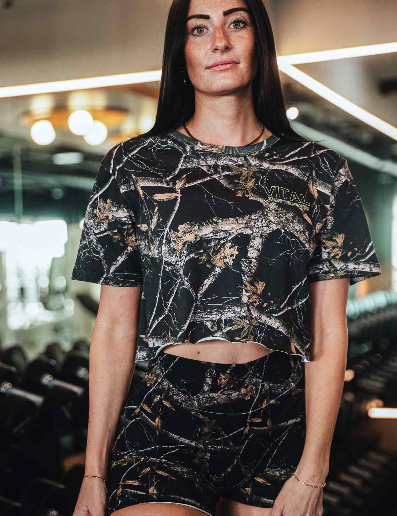 Fitted Crop T-Shirt - STS Black Woodland Camo - VITAL APPAREL