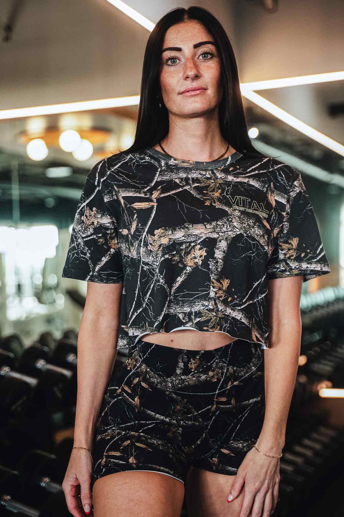 Fitted Crop T-Shirt - STS Black Woodland Camo - VITAL APPAREL