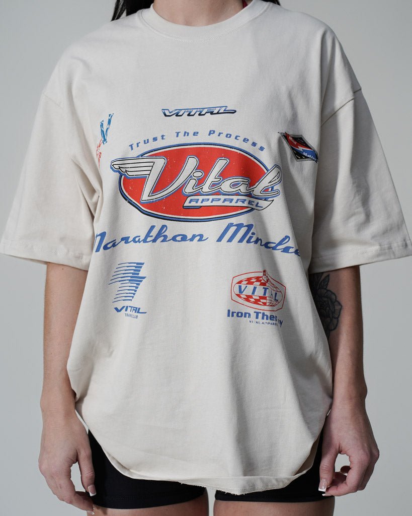 Oversized Pump Cover T-Shirt - Retro Marathon T Cream - VITAL APPAREL