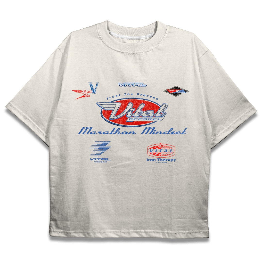 Oversized Pump Cover T-Shirt - Retro Marathon T Cream - VITAL APPAREL