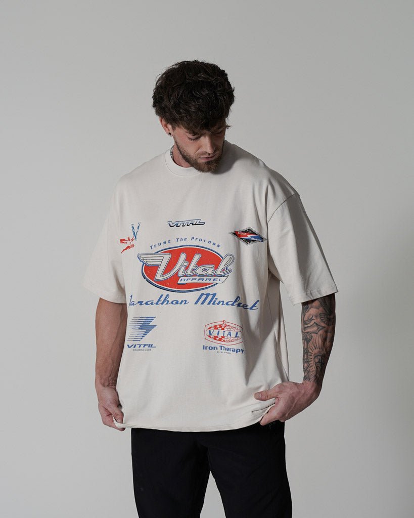 Oversized Pump Cover T-Shirt - Retro Marathon T Cream - VITAL APPAREL