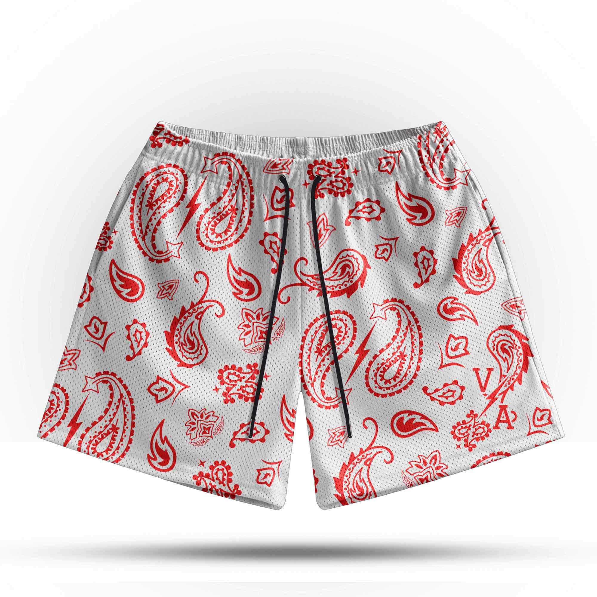 Prevail Mesh Shorts - Unisex White/Red Paisley - VITAL APPAREL
