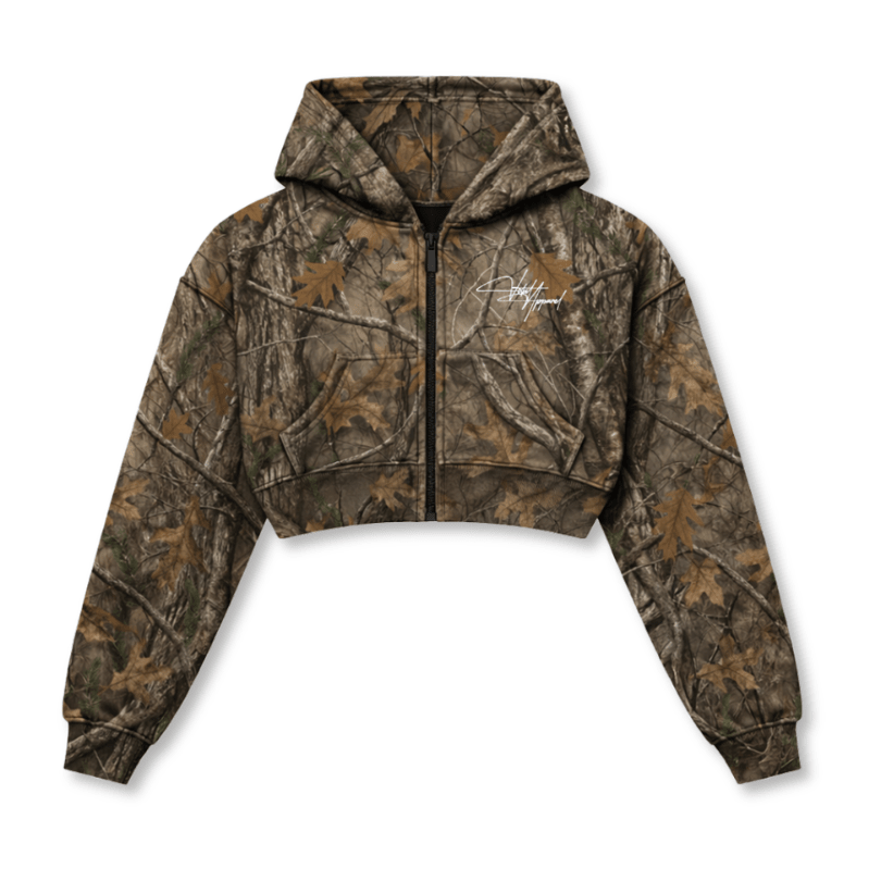 Relentless Crop Zip Hoodie - VA Script Forest Camo - VITAL APPAREL