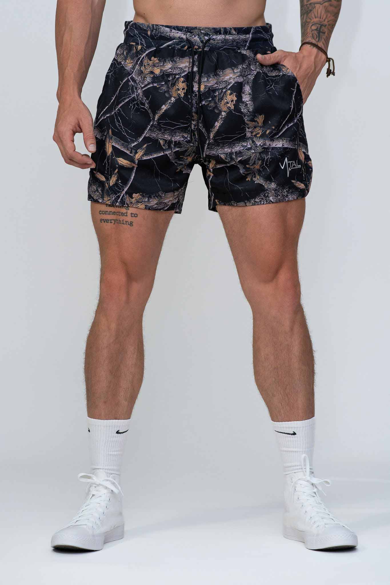 Tech Performance Shorts 5.5" - Black Woodland Camo (Linerless) - VITAL APPAREL